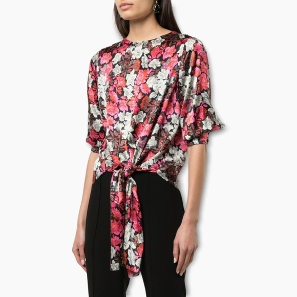 Cinq à Sept Floral Tie-Front Blouse - Pink and White - Picture 2 of 12